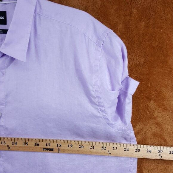 HUGO BOSS Shirt Mens XXL Purple Slim Fit Stretch Linen Chambray ROAN KEN $138 - Picture 8 of 10